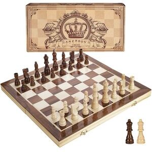 15 Inches Magnetic Wooden Chess Set - 2 Extra Queens - Folding Board